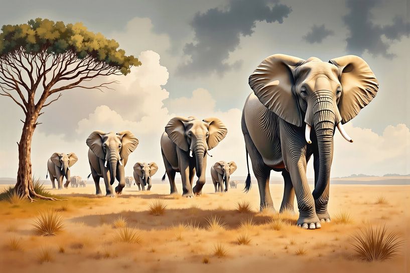 Elefantenfamilie, die an einem bewölkten Tag durch ein trockenes Grasland spaziert von Markus Gann