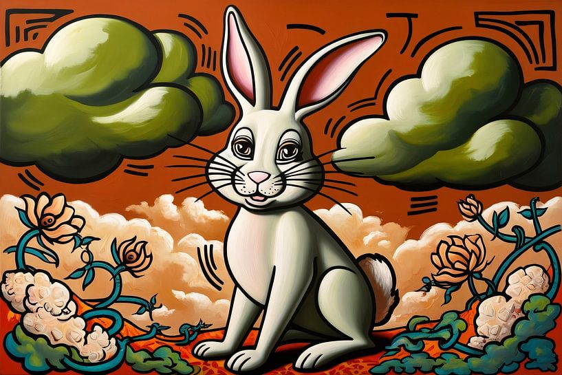 Surreales Kaninchen in bunter Landschaft von Art & Soul Creations