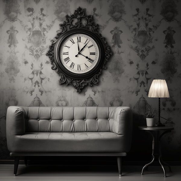 old vintage wall clock on the wall with retro wallpaper and couch, monochrome by Animaflora PicsStock