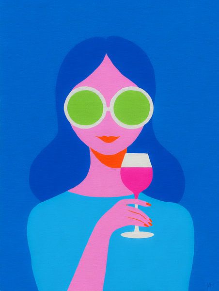 Femme avec des lunettes de soleil et un verre de rosé dans des couleurs pop art vives sur fond bleu par But First Framing