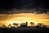 Landscape with church of Allingawier, Friesland, Netherlands.