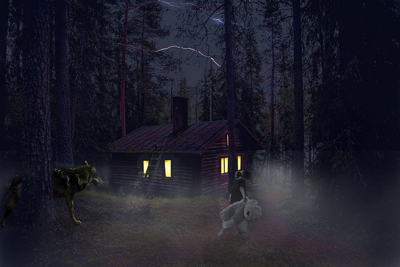 Verlorene Mädchen im Wald mit einem Wolf von Danny van Vessem