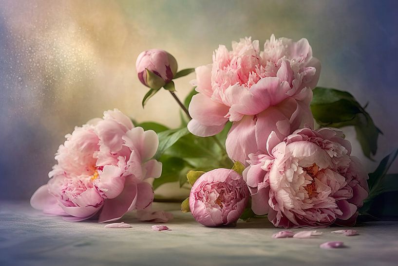 Pfingstrosen-Stillleben – romantische Blumenmalerei in sanften Pastelltönen von Joriali Fotografie und Gemälde