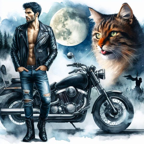 Mann mit Motorrad und Katze von Bernhard Karssies