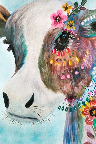 Cow with Flowers Abstract Watercolor by Art By Dominic