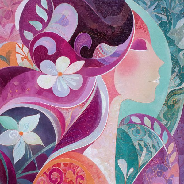 Abstracte Vrouw Met Bloem van Kunst Kriebels