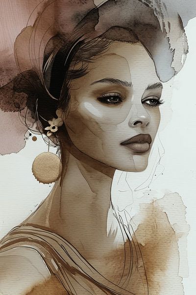 Modern and chic portrait in earth tones, watercolour by Carla Van Iersel