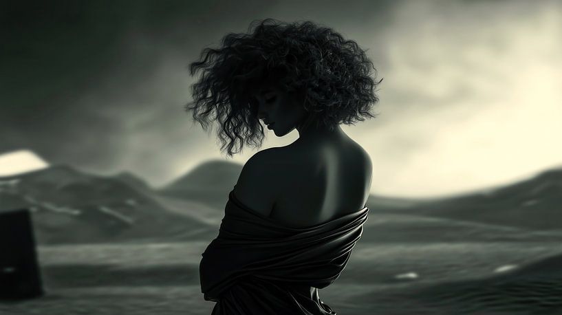 Woman in black in a melancholy landscape by Frank Heinz