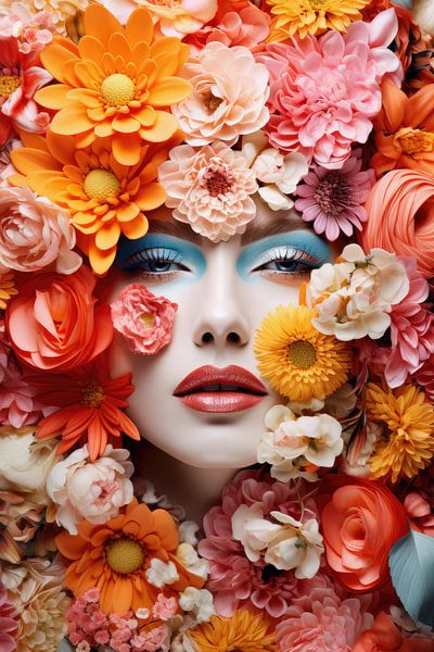 Très belle femme couverte de fleurs tropicales dans un style hi fashion par Art Bizarre