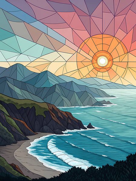 Glasmalerei Sonnenuntergang an der Küste von Artistic