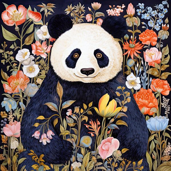 Pandabeer met zomerbloemen van Vlindertuin-Art