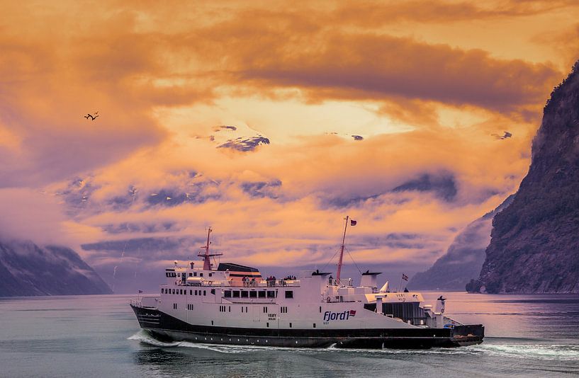 Ferry on a fjord in Norway. by Hamperium Photography