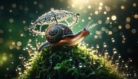 Couronne de rosée matinale sur le toit d'un escargot