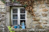 Fenster mit blauen Töpfen