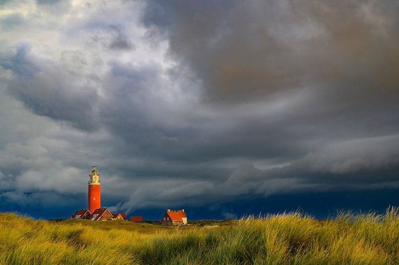 Texelse vuurtoren in de duinen tijdens een stormachtige herfstochtend van Sjoerd van der Wal Fotografie