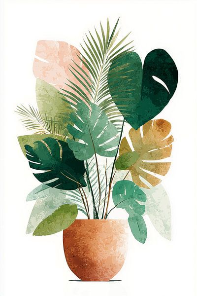 Eine ruhige botanische Illustration in sanften, warmen Tönen mit tropischen Blättern wie Monstera und Palmblättern in einem Terrakotta-Topf. Die Aquarelltechnik erzeugt ein subtiles Zusammenspiel transparenter Schichten in verschiedenen Grüntönen, ergänzt durch warme Pfirsich- und Goldtöne, was ein modernes und stilvolles Ensemble ergibt. von Studio BB