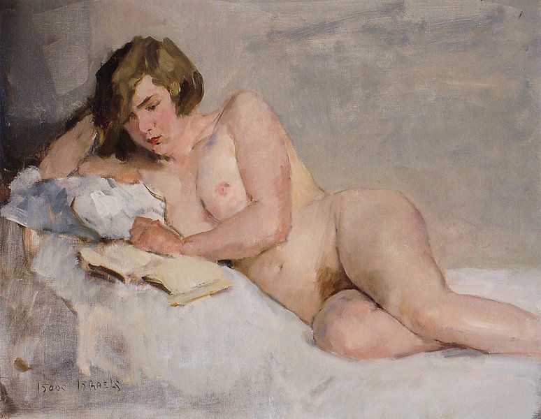 Lecture d'un nu sur un lit | Peinture d'Isaac Israels | Peinture de nu par Schilderijen Nu