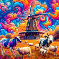 Dutch mill with cows and sheep. Surreal
