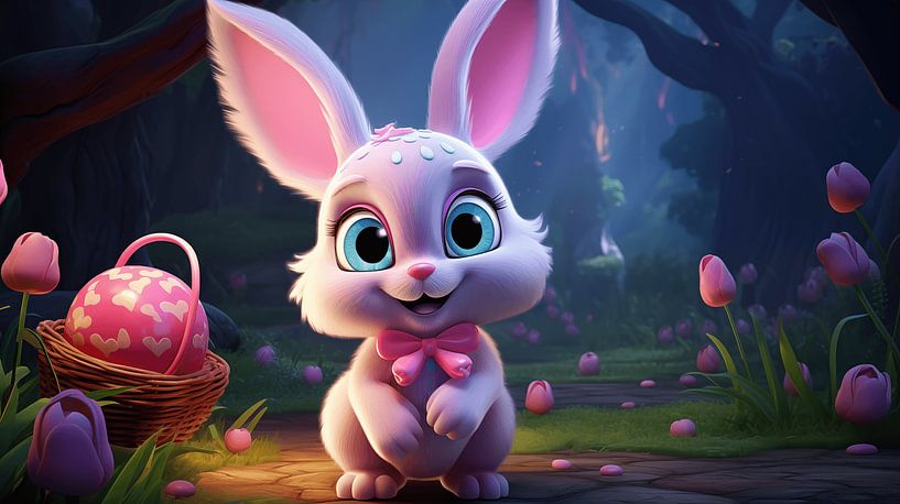 Pink Easter Bunny with Easter Eggs 3d Cartoon, Illustration Art Design by Animaflora PicsStock