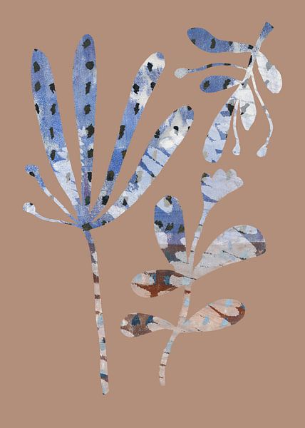 Leaves in blue, white, terra. Wabi- sabi botanical collage. by Dina Dankers