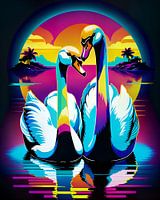 A pair of swans in love on the river