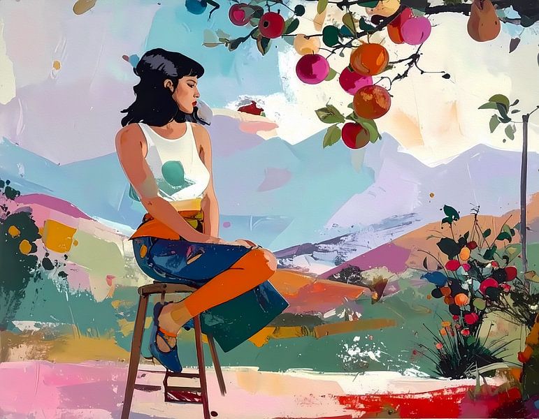 Mädchen auf Hocker bei Apfelbaum von Emiel de Lange