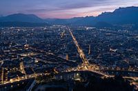 Aerial view of Grenoble just after sunset.