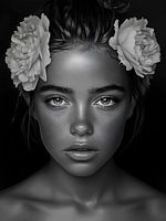 Ein zeitloses Schwarz-Weiß-Porträt einer schönen Frau, umgeben von eleganten Blumen in einer kunstvollen digitalen Komposition