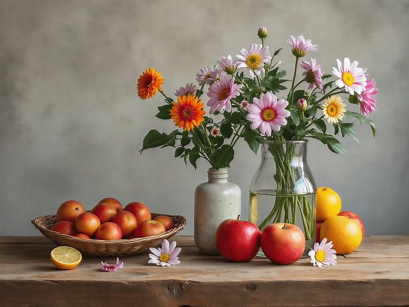 Still life with coloured flowers and fruit by The Photo Artist