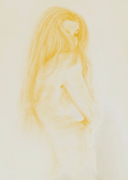 Sketch young woman , discreet nude yellow grey by Krista Kitsz Art