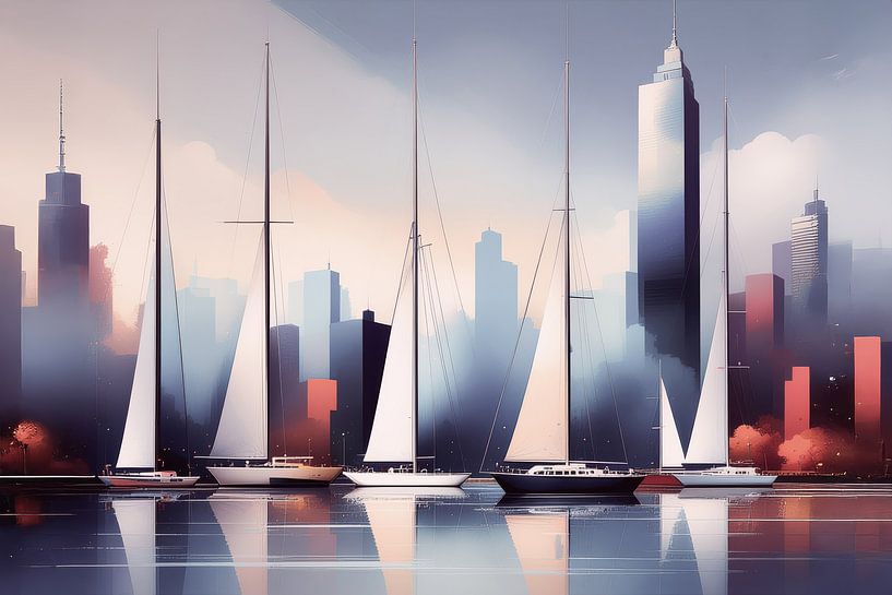 Segelboote abstrakt vor Hafenstadt-10 von Rautenberg Digital Art Maritim