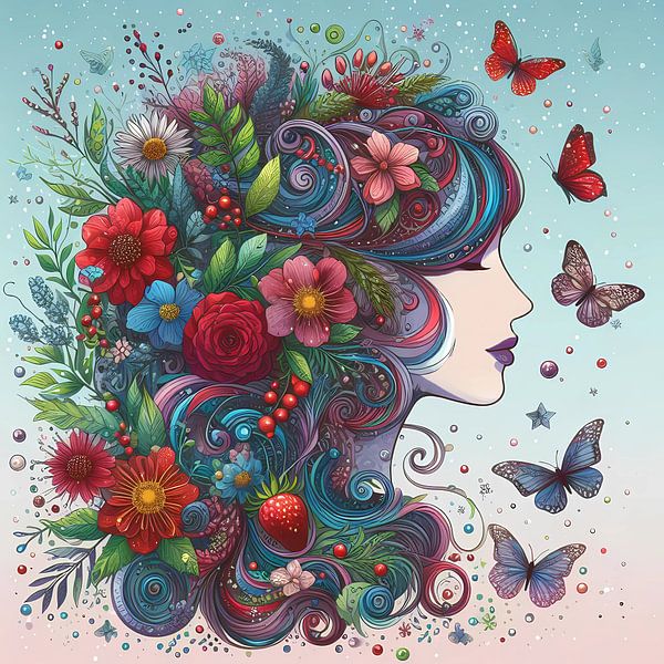 Femme en été avec des fleurs dans son par Tatjana Korneeva