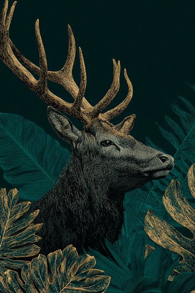 Deer in Tropical Leaf Gold on Dark Green by Eva Lee