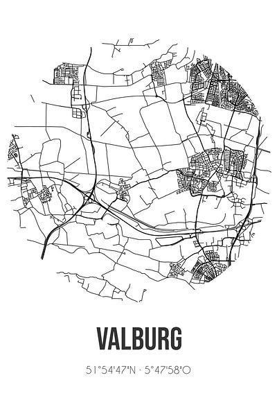 Valburg (Gueldre) | Carte | Noir et blanc par Affiches de lieux