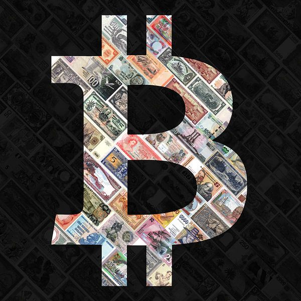 Bitcoin over bank notes&quot; - Bitcoin art - logo behind old, suspended banknotes by Roger VDB