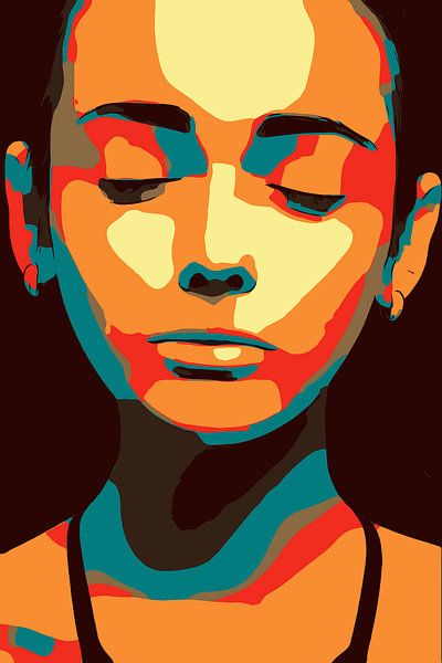 Minimalistisches Frauengesicht, geschlossene Augen, Zen, in der Pop Art von The Art Kroep