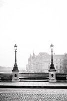 Pont sur la Seine avec des lanternes à Paris en noir et blanc