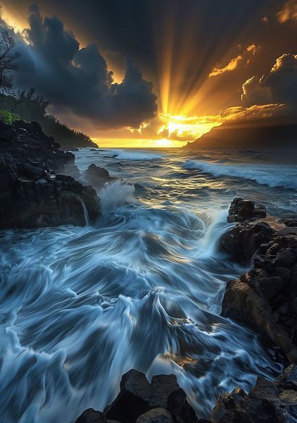 Sonnenuntergang, goldene Reflexionen von fernlichtsicht