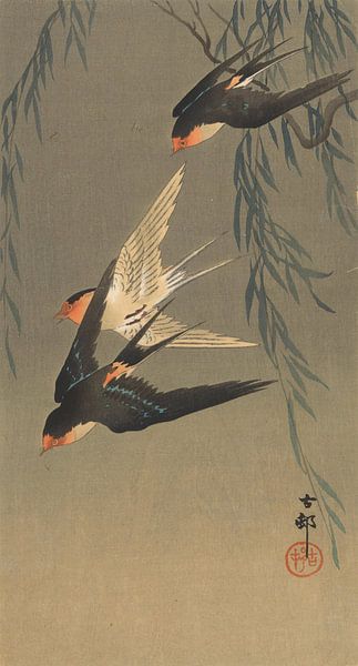 Drei Rotbürzelschwalben im Tauchflug von Ohara Koson von Gave Meesters