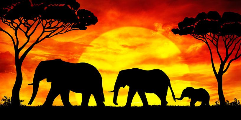 Eléphants d'Afrique Maman Papa et enfant au coucher du soleil par Creavasis