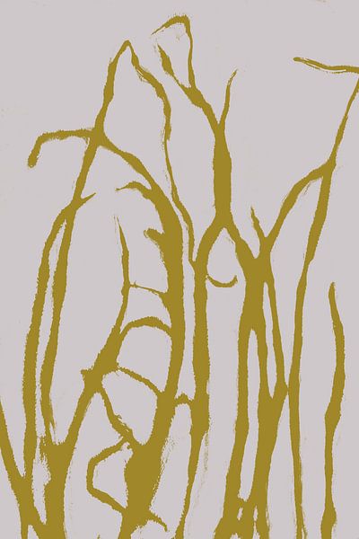 Wabi-Sabi Botanisch: Gedrucktes Gras in Gelb auf Weiß von Dina Dankers