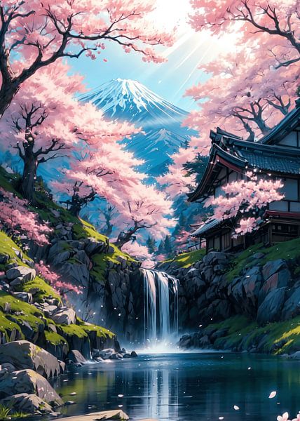 Japanese Sakura Cherry Blossom Waterfall Lake by Ruzerin