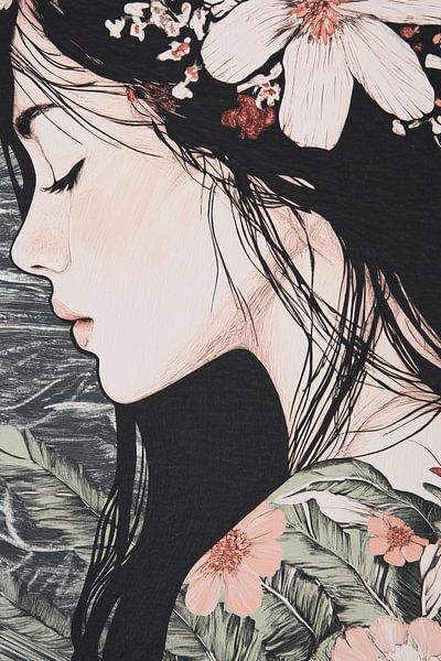 Frau mit Blume und Blättern von Zen und Mehr