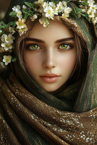 Woman with garland of flowers and green eyes by Imperial Art House