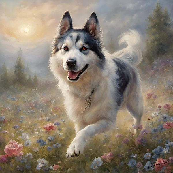 Laika aus Jakutien spielt auf einem Blumenfeld von Johannas Art Creations