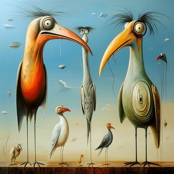 Surreal humorous birds family group landscape by gm_designs