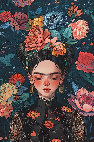 Nächtlicher Blütenzauber – Fridas Porträt umhüllt von mystischem Floraldesign von Poster Art Shop