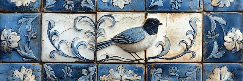 Blue and white tiles with bird and flower design delft blue panorama by Digitale Schilderijen