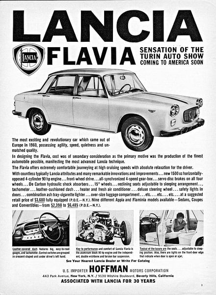 Publicité pour la Lancia Flavia Sedan de Beverly Hils, Californie, États-Unis 1961 par Atelier Liesjes