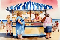 Gemütliche Damen am Eisstand am Strand